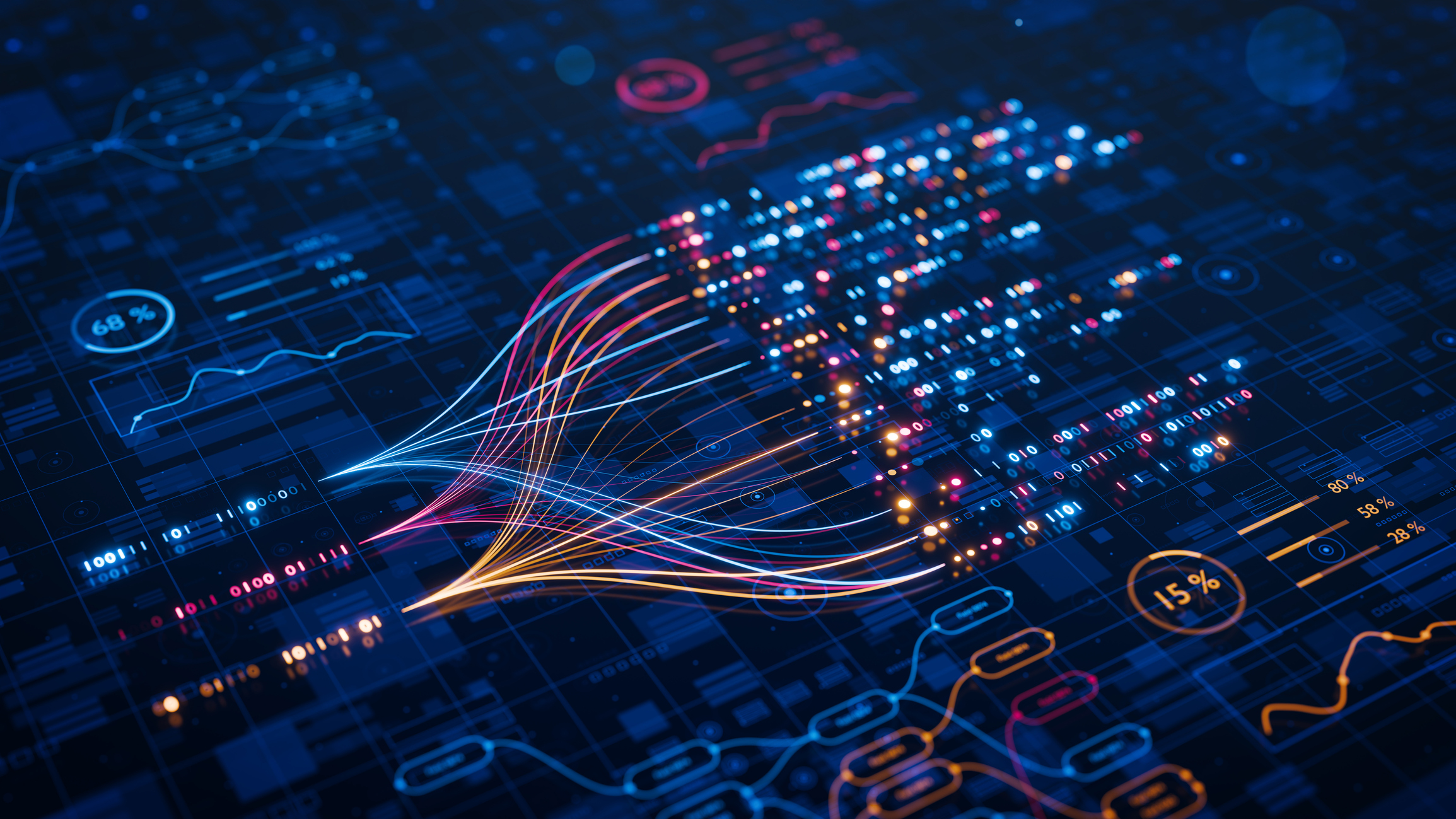 Repräsentation für Neuronale Netze und Datenströme in Unternehmen. Künstliche Intelligenz, maschinelles Lernen, digitale Transformation und technische Innovation.